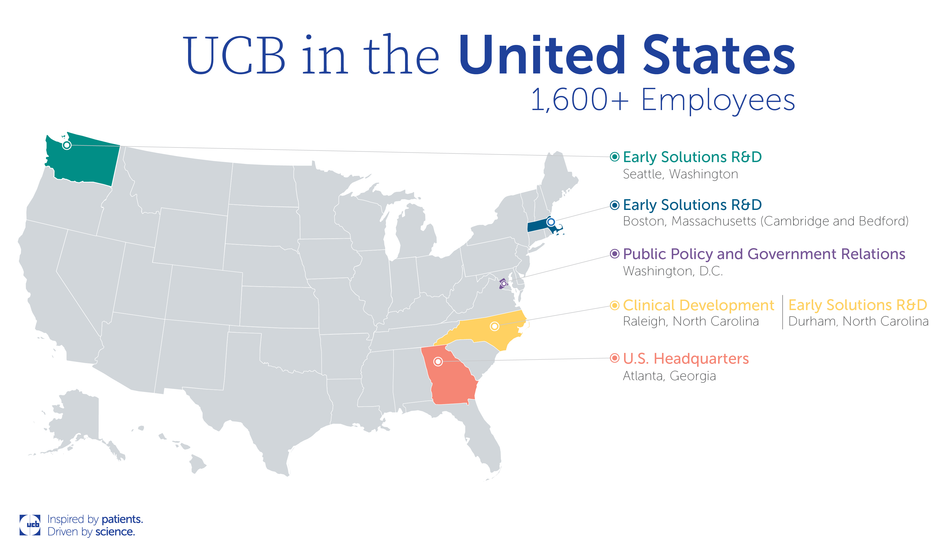UCB U.S. locations (UCB Atlanta, Georgia; UCB Raleigh, North Carolina, UCB Washington, D.C.; UCB Boston, Massachusetts; Seattle, Washington) highlighted in various colors on a white map of the United States.